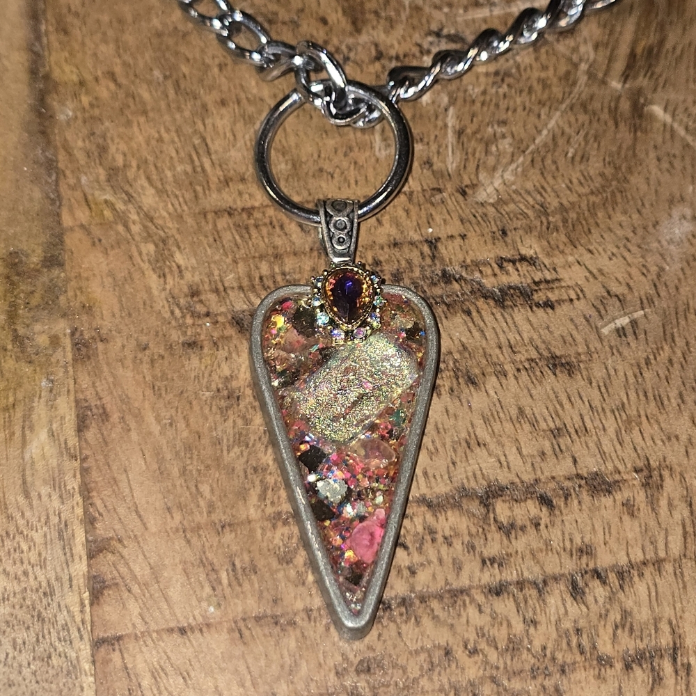 New! Handmade metal epoxy dichroic glass heart pendant choker necklace